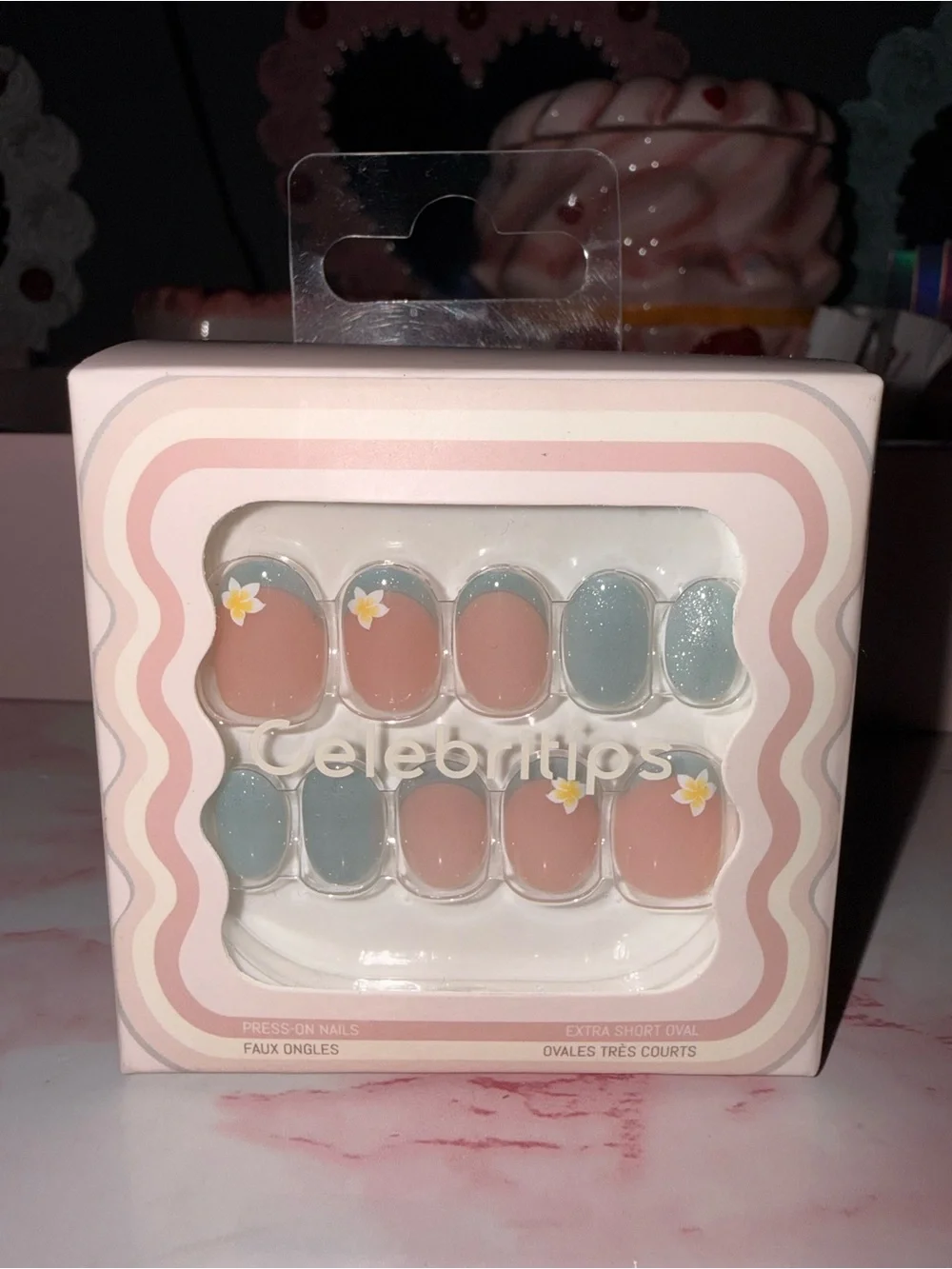 Celebritips “Maui” Press-On Nails in Nude & Dusty Blue with Floral Accent